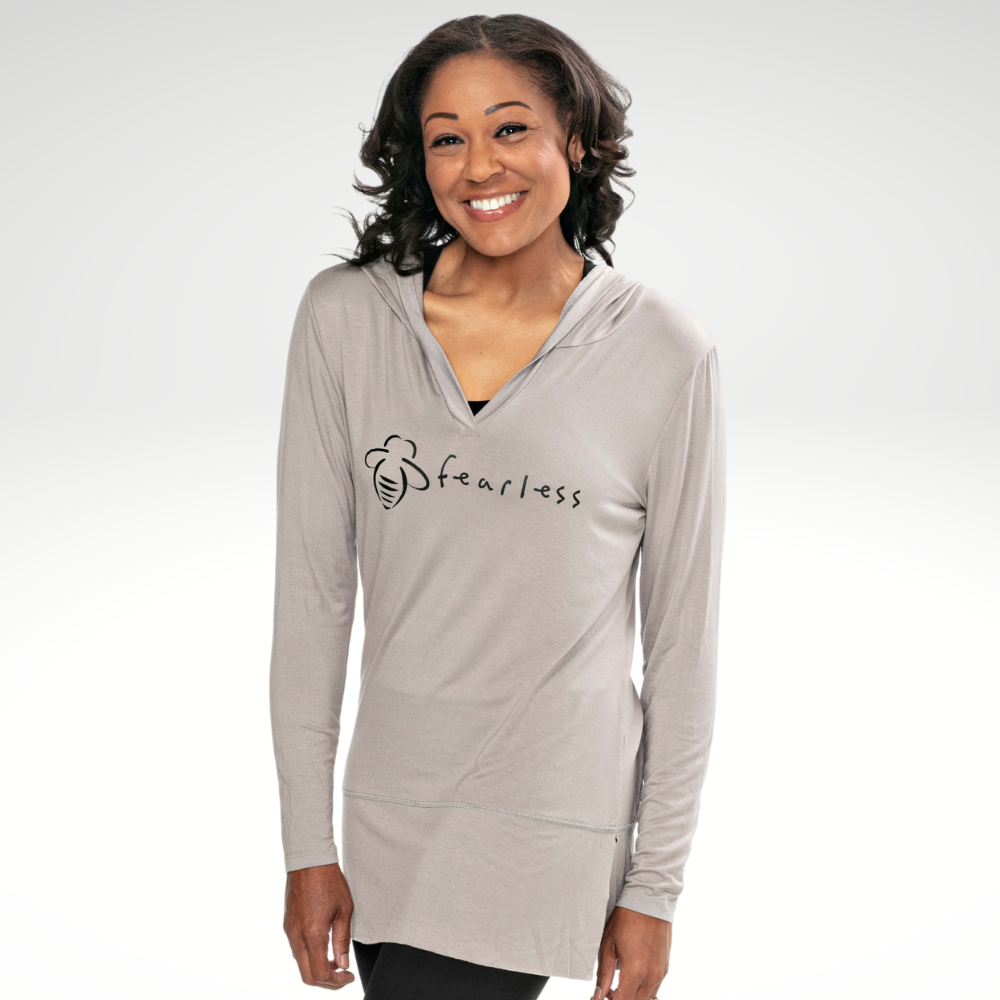 Bee Fearless Hoodie Tunic Gray - BeeAttitudesOur best selling hoodie tunic is also our most versatile style.  The length makes it perfect as a yoga/ bathing suit cover-up but also pairs great with your favorite jeans and booties.  It's made from our incredibly soft bamboo viscose and a touch of spandex which gives you a soft, flattering silhouette.  Perfect gift for Mom, Wife, Girlfriend, BFF, Best Friend, Bestie, Sister, Daughter, all the women in your life. Graphic Tees.
