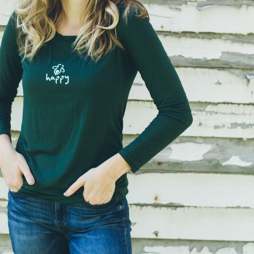 Bee Happy Long Sleeve Fitted Scoop - Forest Green - BeeAttitudes