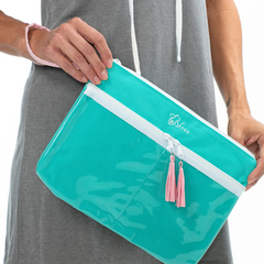 Bee Free Wristlet Pouch - Teal - BeeAttitudes Sometimes what you are most afraid of doing is the very thing that will set you free.  Calling all you beach babes! Our turquoise + blush Beach Pouch is the perfect summer accessory. Fully Waterproof, Bee Free of worry this summer with our plastic pocket design so you can toss that ziplock bag and keep your phone dry in style!