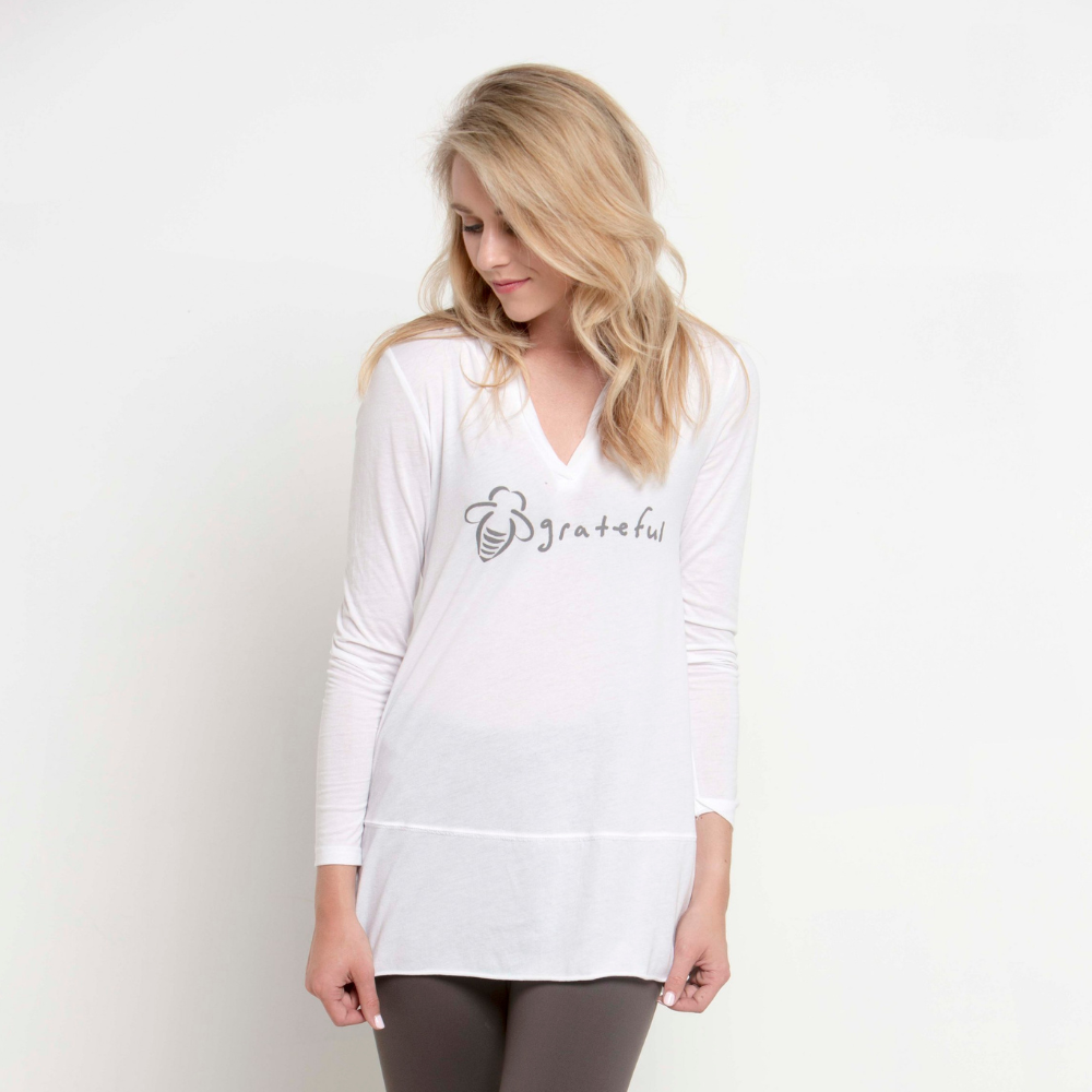 Bee Grateful Hoodie Tunic - White - BeeAttitudes Gratitude turns what we have into enough - Aesop  Our best selling hoodie tunic is also our most versatile style.  The length makes it perfect as a yoga/ bathing suit cover-up but also pairs great with your favorite jeans and booties.  It's made from our incredibly soft bamboo viscose and a touch of spandex which gives you a soft, flattering silhouette.  95% Bamboo Visose + 5% Spandex