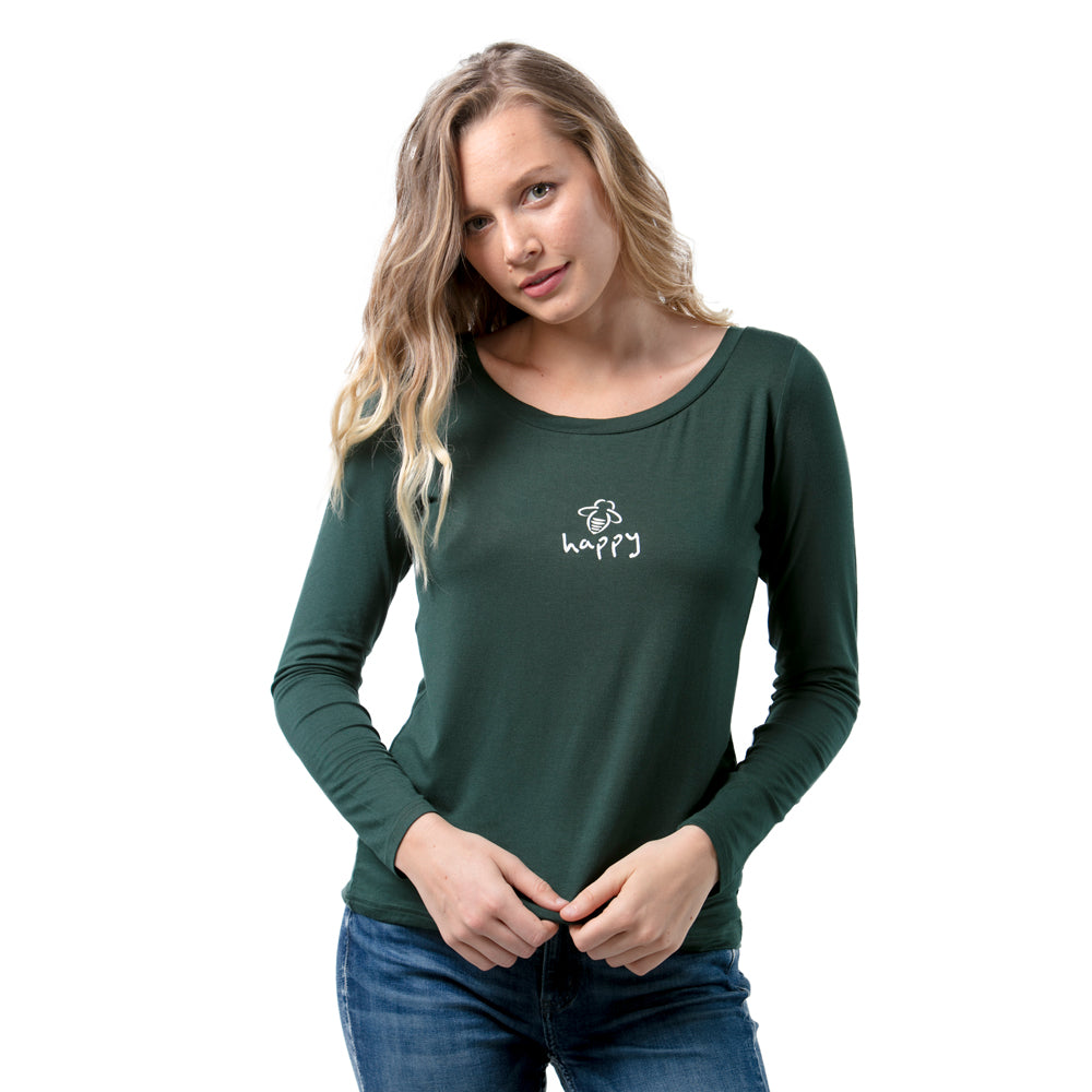 Long Sleeve Bee Happy Forest Green Fitted Scoop - BeeAttitudes Whatever you decide to do make sure it makes you happy.  Whether you’re dressing up or getting cozy in bed, our Fitted Scoops are perfect for fall! Made with our shockingly soft bamboo viscose, you’re sure to stay cozy no matter where you go.  95% Bamboo Viscose + 5% Spandex