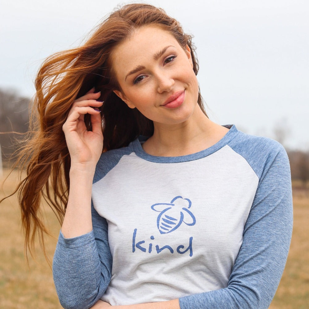 Bee Kind Raglan - Washed Denim - BeeAttitudes No act of kindness , no matter how small, is ever wasted. -Aesop  Super soft women's cut raglan in a super soft washed denim color - we love this Bee Kind Tee!  Our customers say it fits just right! graphic tees