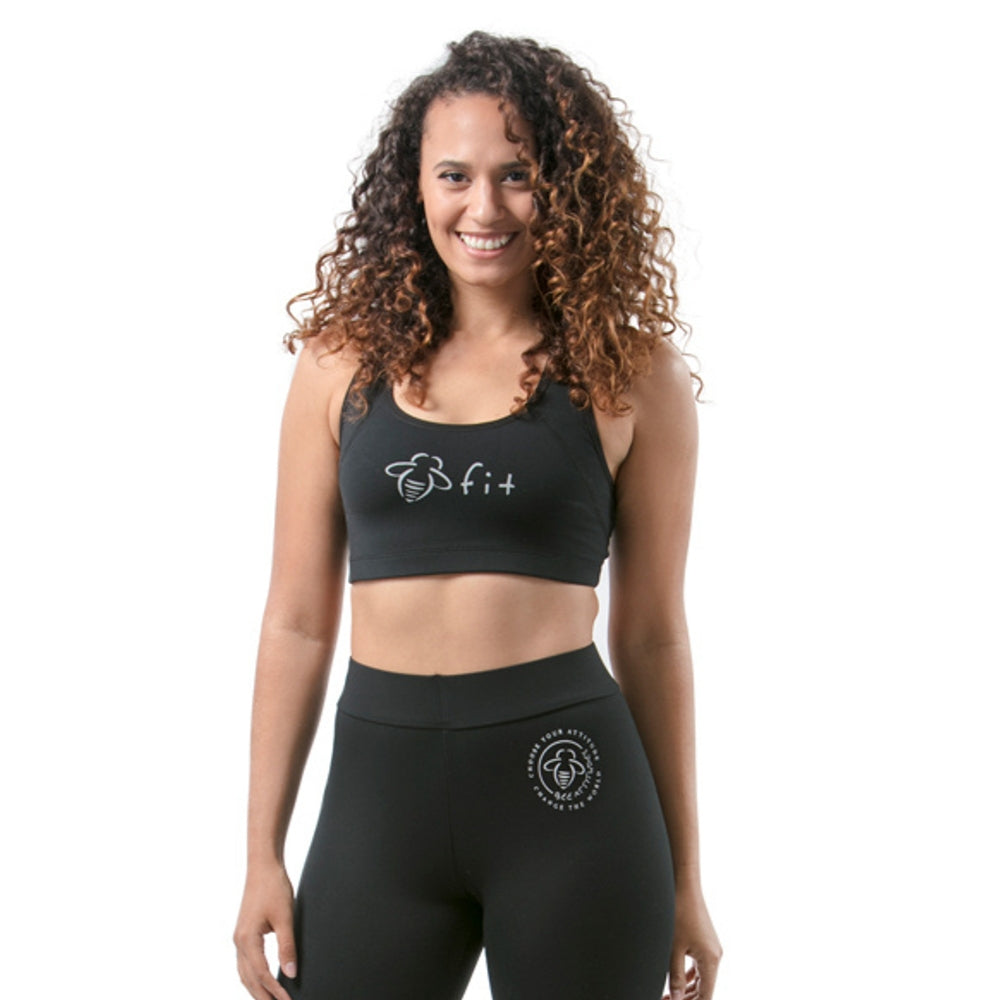 Racer Back Bee Fit Black Sports Bra - BeeAttitudesThe best project you'll ever work on is you!  We mastered the perfect bra you won’t want to rip off the minute you get home from work. Thick enough to keep your girls in place, stretchy enough to forget it’s there.  87% Nylon | 13% Spandex 